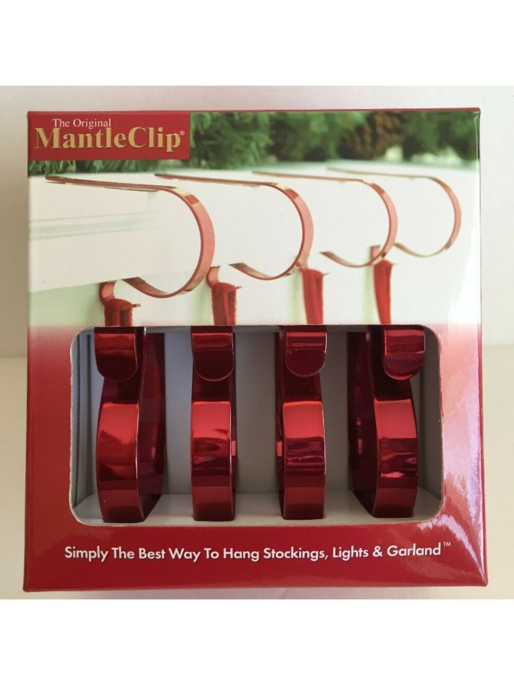 The Original Mantle Clip Set 4 Red Chrome Christmas Stocking Hangers Holders